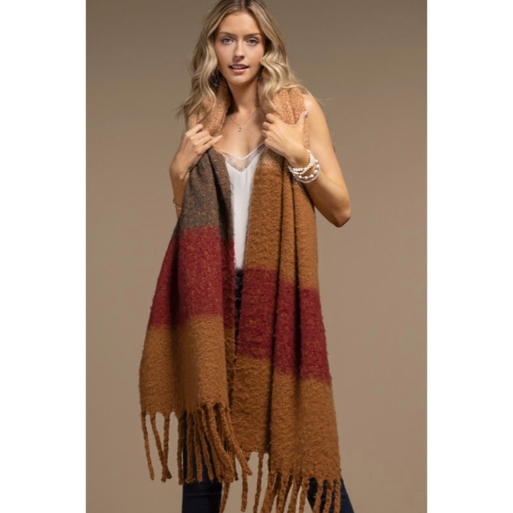 Almond Plush Wide Stripe Oblong Scarf Winter Women's Casual Knit Extra Long - Picture 4 of 4